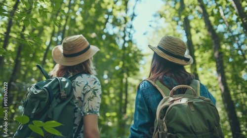 Wallpaper Mural Two women walking together in a dense forest with trees and foliage Torontodigital.ca