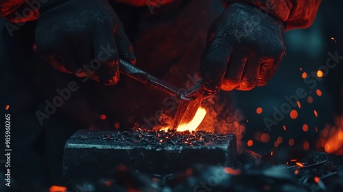 Blacksmith forges glowing metal on anvil close-up.