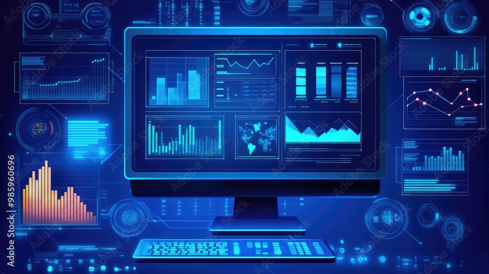 a computer and dashboard for data business analysis and Data Management System, Customers database, gather information to report, Data science technology and digital marketing icons a computer and dashboard for data business analysis and Data Management System, Customers database, gather information to report, Data science technology and digital marketing icons