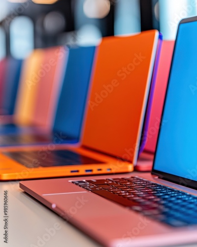 Neatly Arranged Laptops in a Vibrant Showroom