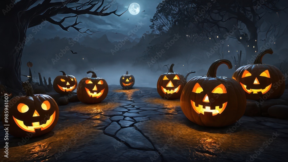 A spooky path lined with glowing jack-o'-lanterns under a full moon, casting eerie reflections on the ground, creating the perfect Halloween night scene A spooky path lined with glowing jack-o'-lanterns under a full moon, casting eerie reflections on the ground, creating the perfect Halloween night scene