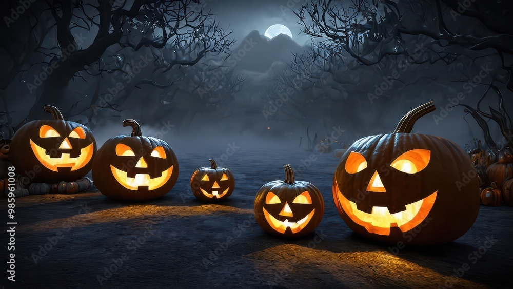 Jack-o'-lanterns glowing brightly in a foggy night, illuminating a shadowy path under the full moon, setting a spooky Halloween mood Jack-o'-lanterns glowing brightly in a foggy night, illuminating a shadowy path under the full moon, setting a spooky Halloween mood