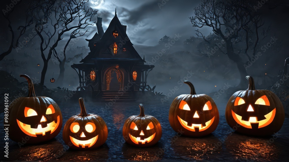 A spooky path lined with glowing jack-o'-lanterns under a full moon, casting eerie reflections on the ground, creating the perfect Halloween night scene A spooky path lined with glowing jack-o'-lanterns under a full moon, casting eerie reflections on the ground, creating the perfect Halloween night scene