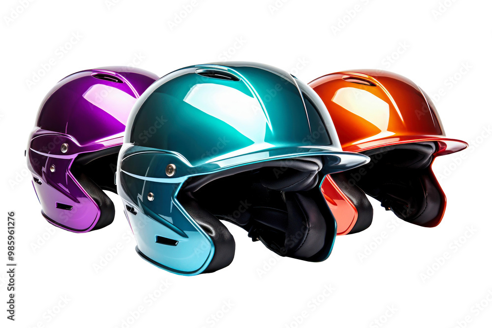 Fototapeta premium A vibrant collection of three racing helmets in purple, teal, and orange highlights their stylish designs and protective features in a well-lit setting.