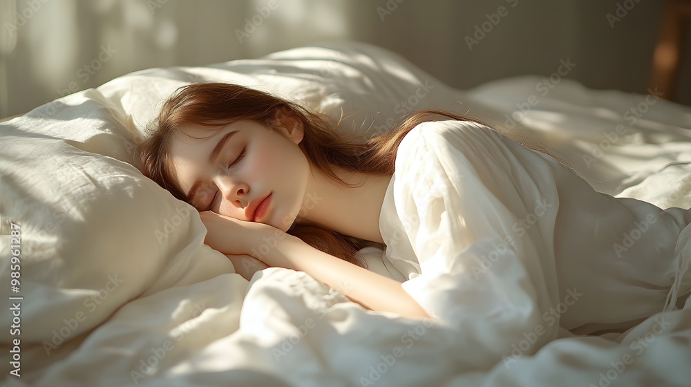 Young woman sleeping peacefully in white clothes on soft bed linens, bathed in morning light, capturing a serene bedroom atmosphere in a gentle, intimate portrait. Young woman sleeping peacefully in white clothes on soft bed linens, bathed in morning light, capturing a serene bedroom atmosphere in a gentle, intimate portrait.