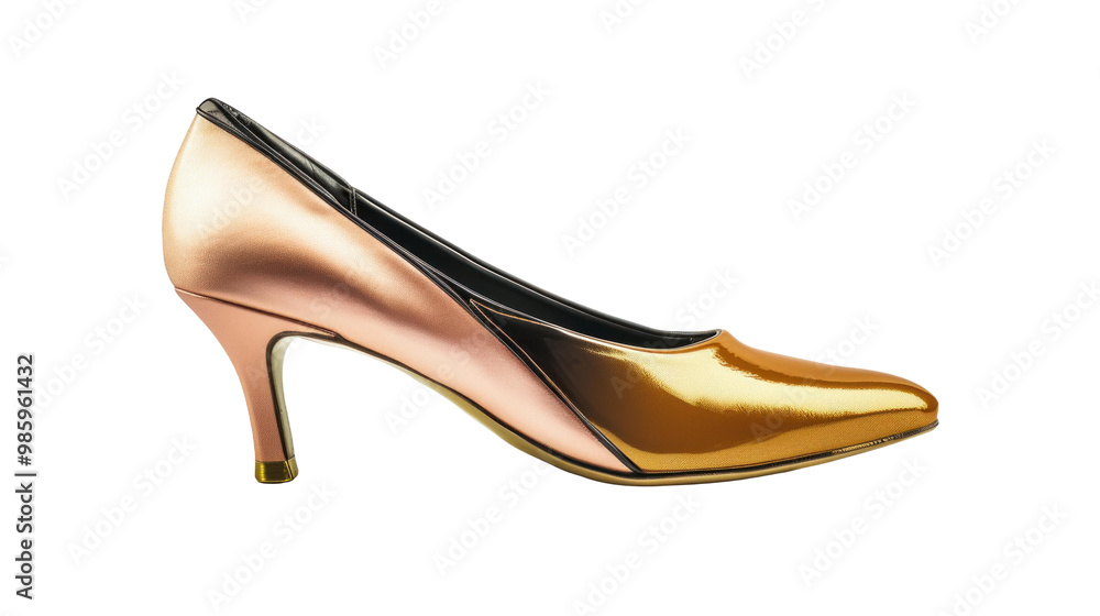 A chic high heel shoe features a striking gold and rose metallic color scheme, perfect for formal occasions or stylish outings. A chic high heel shoe features a striking gold and rose metallic color scheme, perfect for formal occasions or stylish outings.