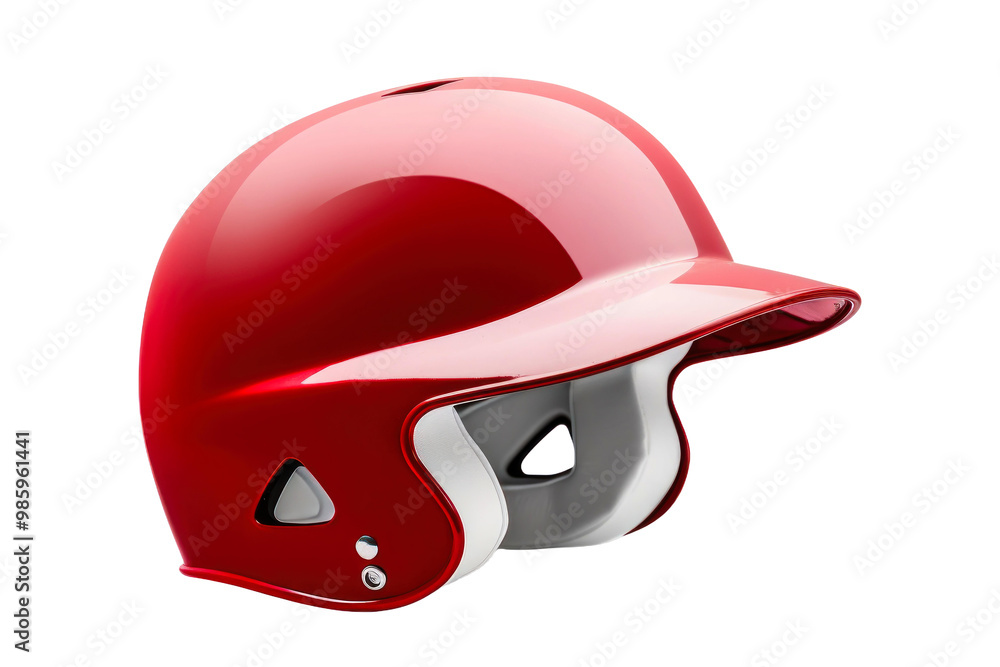 Naklejka premium A sleek red baseball helmet sits prominently, showcasing its smooth surface and protective features for athletes engaged in batting and fielding.