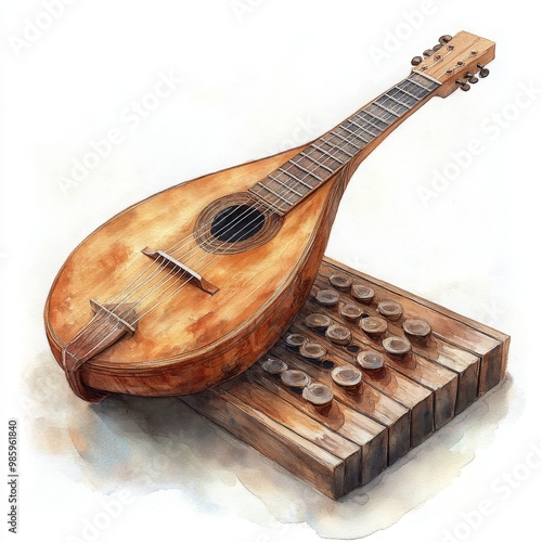 Wooden Musical Instruments on Rustic Background photo