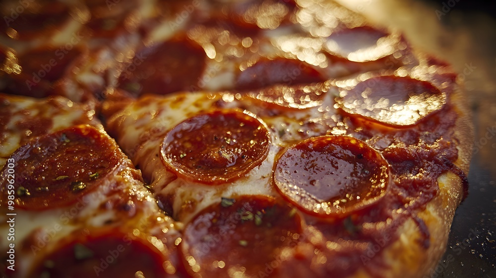 Close-Up of Pepperoni Pizza with Melted Cheese and Sauce Close-Up of Pepperoni Pizza with Melted Cheese and Sauce