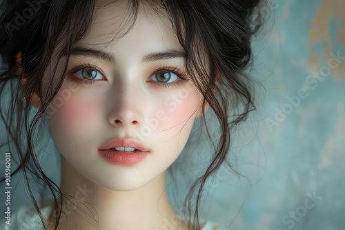 intimate portrait of japanese woman with serene expression soft focus on delicate features ethereal lighting enhancing natural beauty