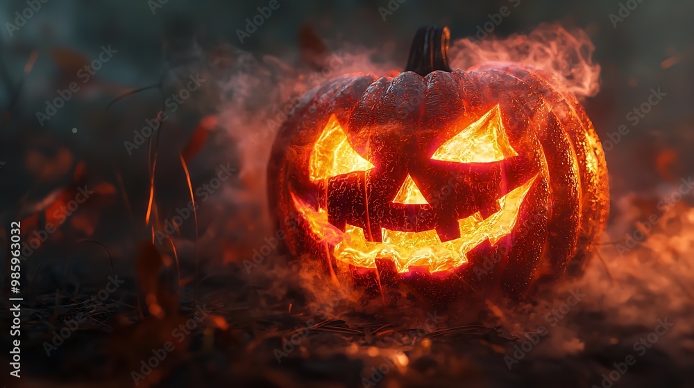 Naklejka premium Close-Up of Jack o' Lantern in Misty Smoke