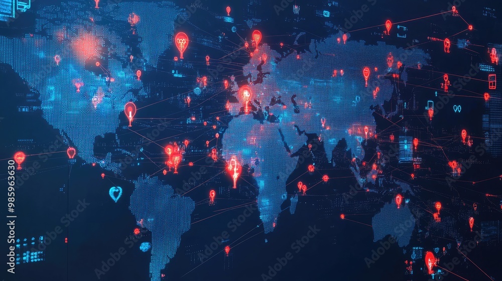 Global social media network, Digital world map with users worldwide connections Global social media network, Digital world map with users worldwide connections