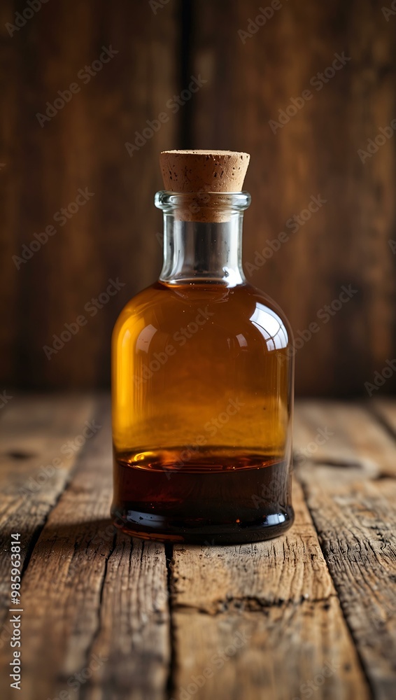 Glass bottle with amber liquid against a blurred wooden background. Glass bottle with amber liquid against a blurred wooden background.