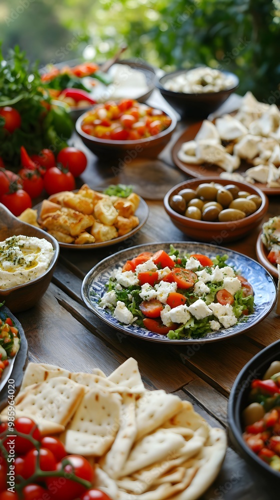 A table with various Greek dishes such as feta cheese, lamb shawarma, and salad on it. A table with various Greek dishes such as feta cheese, lamb shawarma, and salad on it.