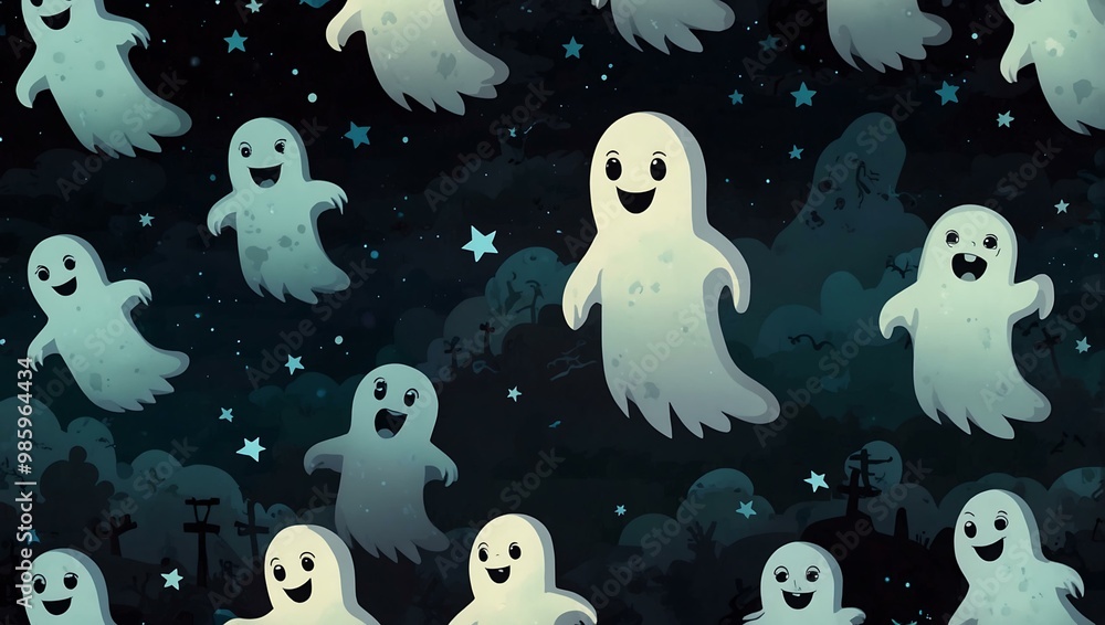 Glowing cartoon ghosts over a spooky night sky. Glowing cartoon ghosts over a spooky night sky.