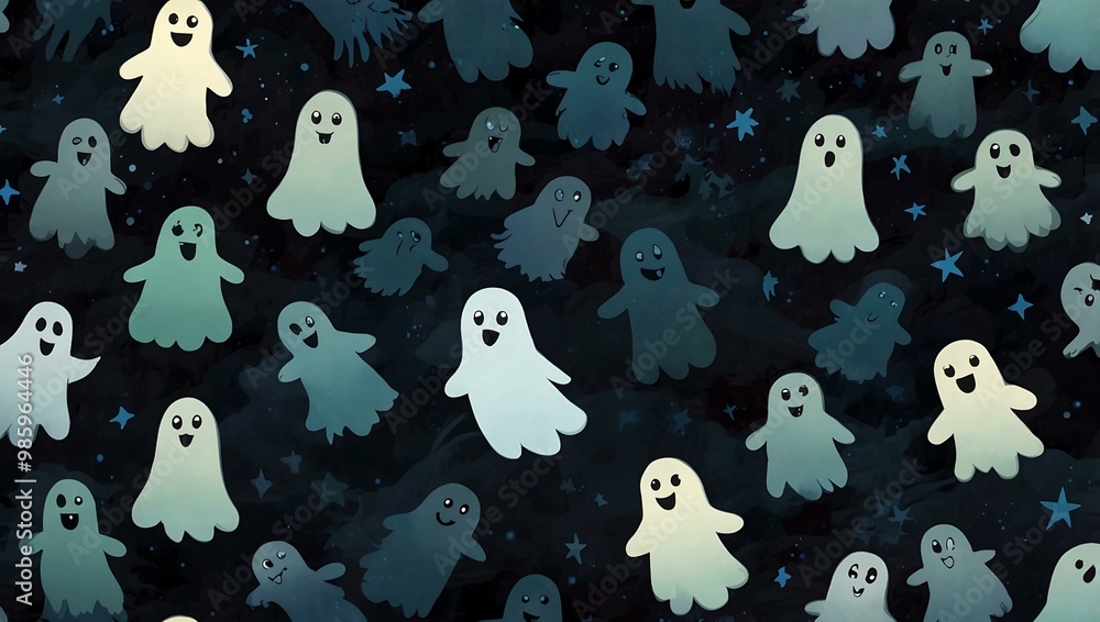 Glowing cartoon ghosts over a spooky night sky. Glowing cartoon ghosts over a spooky night sky.