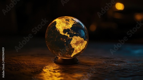 glowing globe, black setting (close up, focus on, copy space) dazzling and lively tones Double exposure silhouette with glowing ball  photo