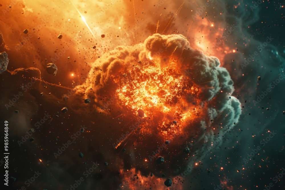 A massive rock explosion sends debris flying through the air A massive rock explosion sends debris flying through the air