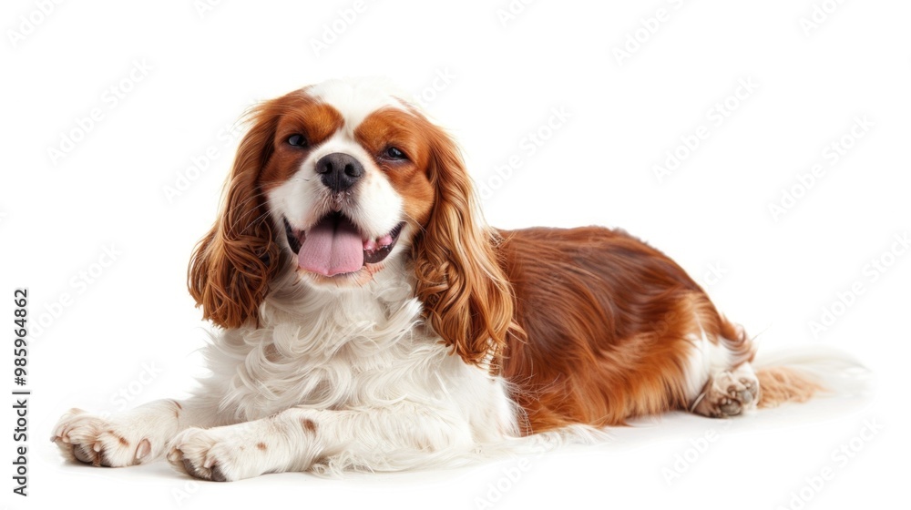 A brown and white dog lying down on a white surface A brown and white dog lying down on a white surface