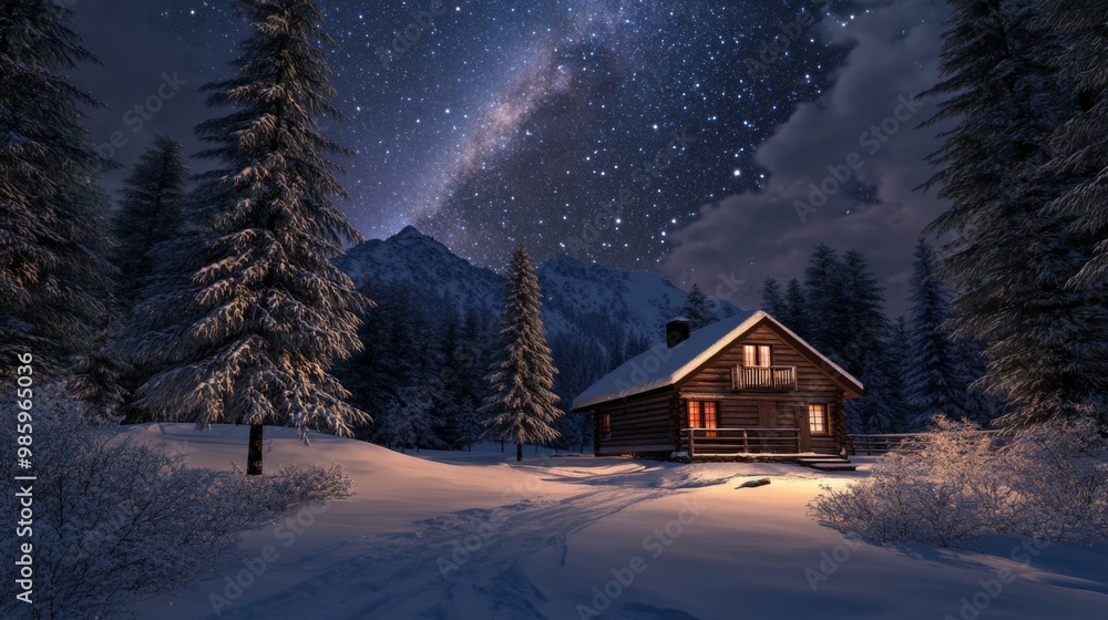 A Cozy Cabin Nestled in a Snowy Forest Under a Starry Sky A Cozy Cabin Nestled in a Snowy Forest Under a Starry Sky