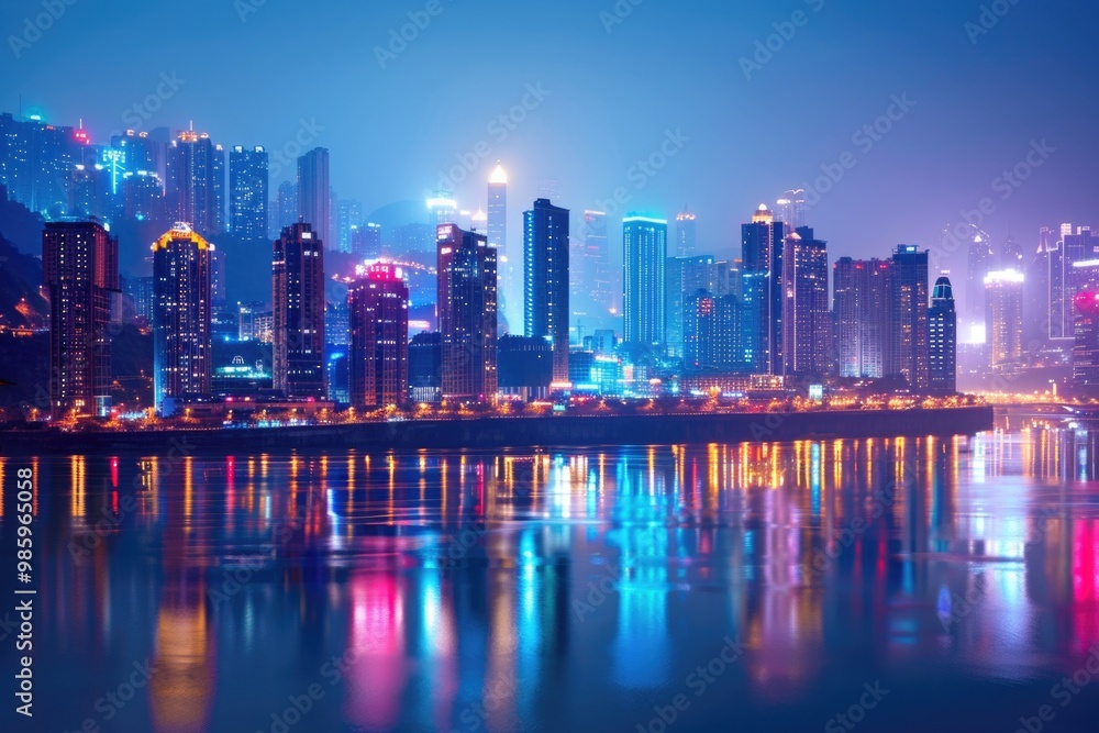 Fototapeta premium Nighttime city view from the water with buildings and lights reflected in the calm sea