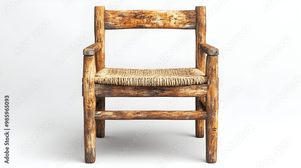 Beautifully crafted rustic wooden chair with a woven seat captured in a 3D rendered photograph against a pristine white backdrop showcasing its natural charm and timeless elegance Beautifully crafted rustic wooden chair with a woven seat captured in a 3D rendered photograph against a pristine white backdrop showcasing its natural charm and timeless elegance