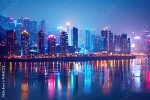 Wallpaper Mural Nighttime city view from the water with buildings and lights reflected in the calm sea Torontodigital.ca