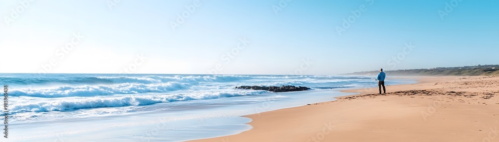 Peaceful Morning Surf Fishing - Angler Casting Lines into Crashing Waves on Sandy Beach with Saltwater Breeze Peaceful Morning Surf Fishing - Angler Casting Lines into Crashing Waves on Sandy Beach with Saltwater Breeze