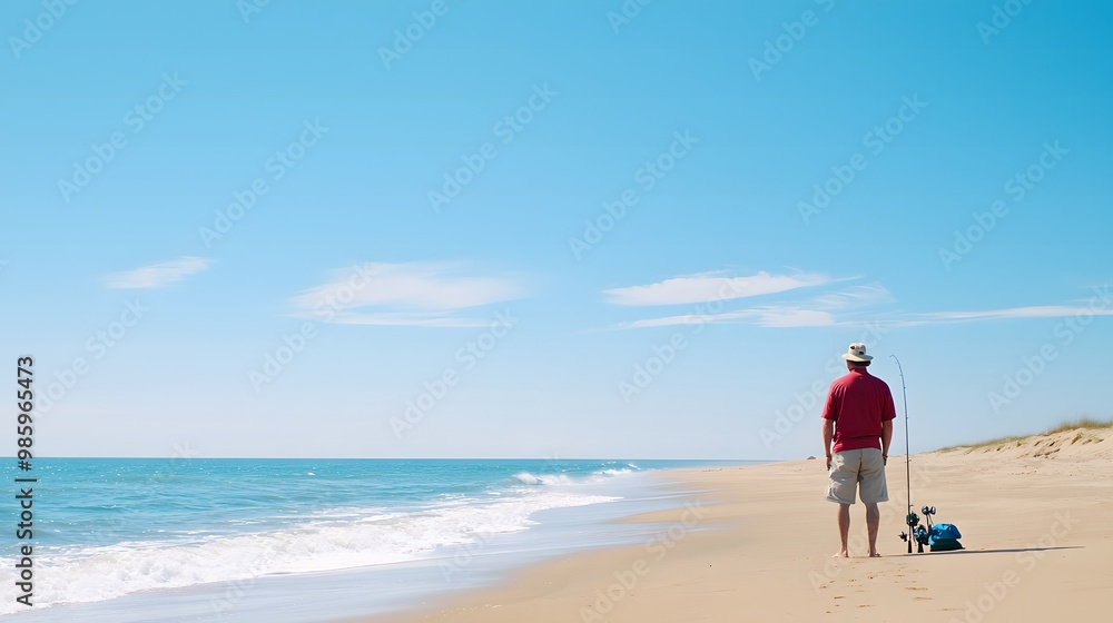 Serene Surf Fishing at the Beach - Angler Patiently Waiting by the Waves with Fishing Gear Capturing the Tranquility of Coastal Fishing Adventures Serene Surf Fishing at the Beach - Angler Patiently Waiting by the Waves with Fishing Gear Capturing the Tranquility of Coastal Fishing Adventures