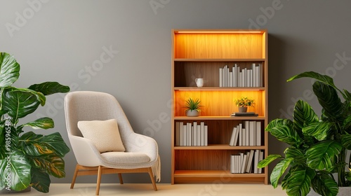 Cozy reading space with illuminated bookshelf