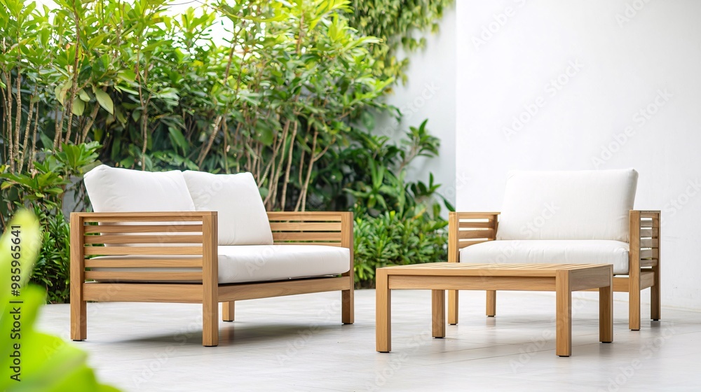 Minimalist outdoor seating area with wooden furniture Minimalist outdoor seating area with wooden furniture