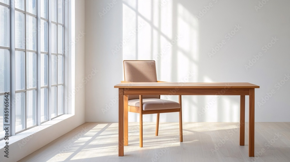 Fototapeta premium Sunlit workspace with wooden desk and chair