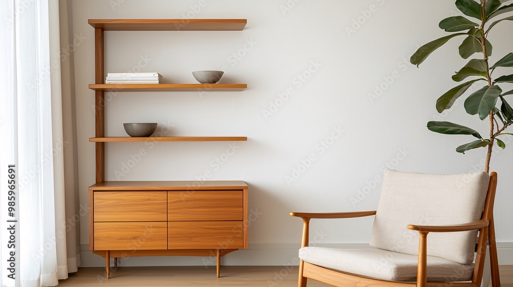 Minimalist living room with wooden shelves and armchair Minimalist living room with wooden shelves and armchair