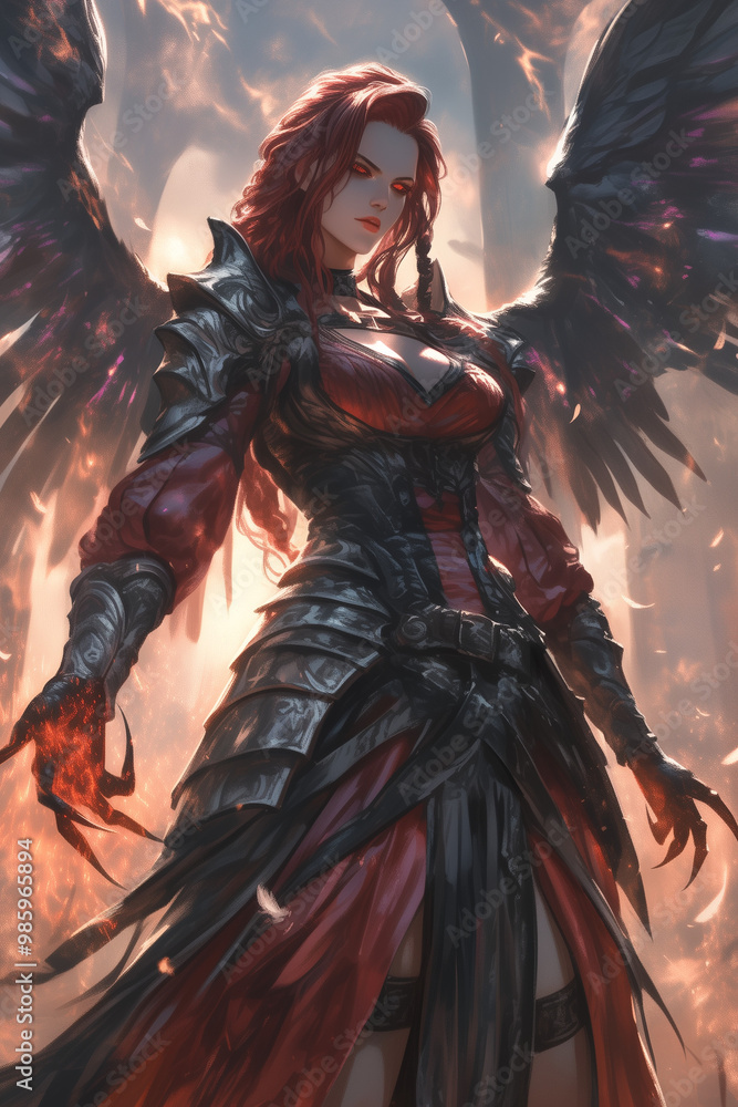 fallen angel queen with dark wings and fiery claws commanding her army in a burning battlefield fallen angel queen with dark wings and fiery claws commanding her army in a burning battlefield
