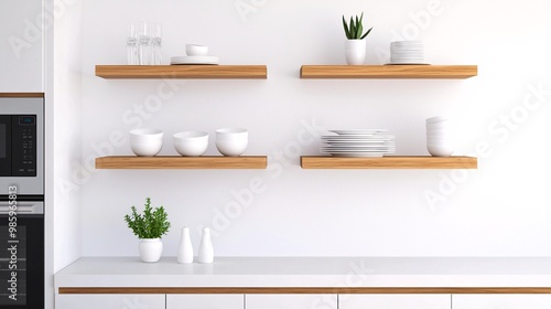 Minimalist kitchen with wooden floating shelves photo