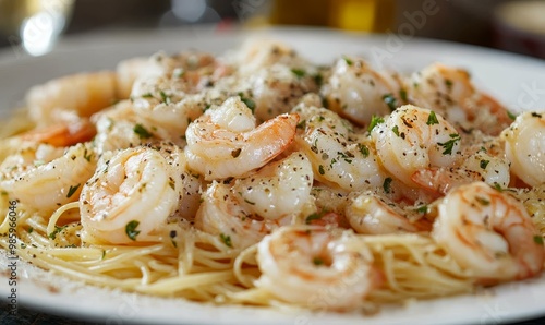 Shrimp and pasta in white plate.