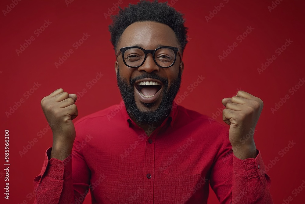 Man with a big smile on his face is wearing a red shirt and is holding his hands up in the air. a lawyer black man, wearing social red shirt, celebranting a work victory. red background Man with a big smile on his face is wearing a red shirt and is holding his hands up in the air. a lawyer black man, wearing social red shirt, celebranting a work victory. red background