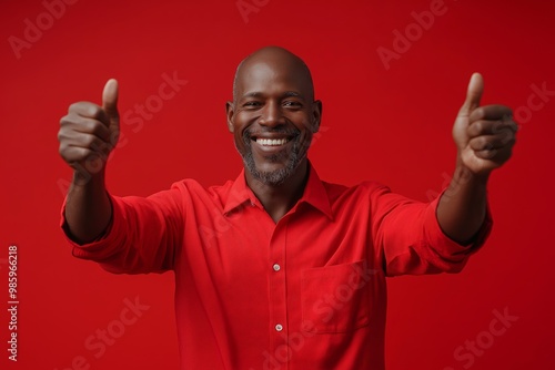 Man in a red shirt is giving a thumbs up. He is smiling and he is happy. a lawyer black man, wearing social red shirt, celebranting a work victory. red background photo