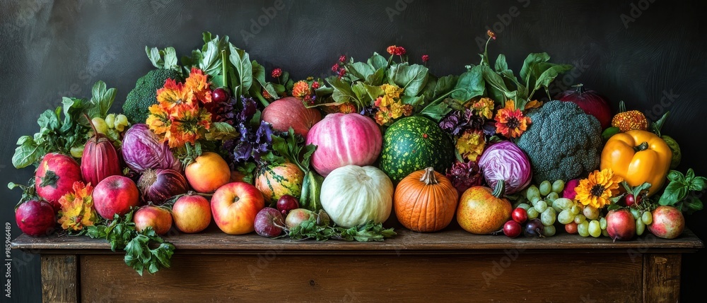 Fresh Fruits and Vegetables on Wooden Table. Fresh Fruits and Vegetables on Wooden Table.