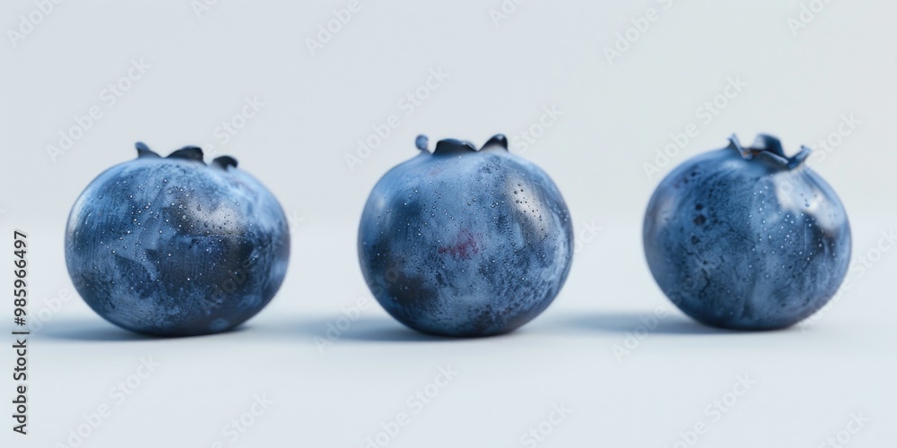 A trio of blueberries placed together on a clean, white background A trio of blueberries placed together on a clean, white background