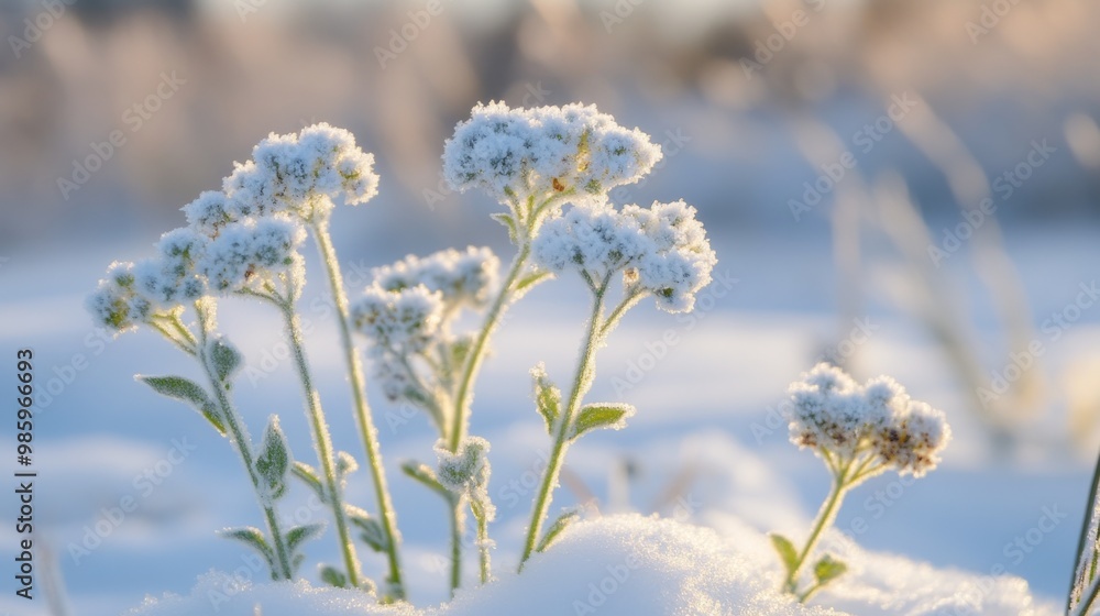 Frost-Covered Plants Emerging from Snow in Winter Frost-Covered Plants Emerging from Snow in Winter