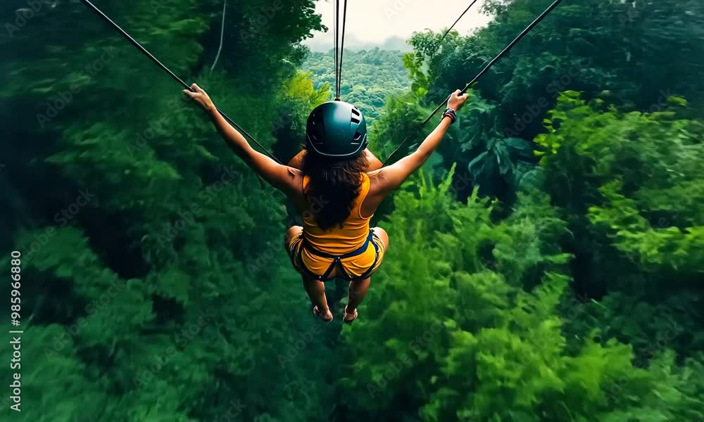 Woman Ziplining Through Rainforest Adventure Woman Ziplining Through Rainforest Adventure