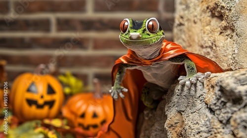 Brave and Daring Gecko Superhero Scales a Haunted Wall Wearing a Unique Reptile Costume for a Fantastical Halloween Adventure