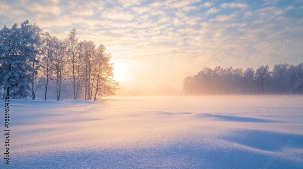 Snow-Covered Trees and a Misty Winter Landscape at Sunset Snow-Covered Trees and a Misty Winter Landscape at Sunset