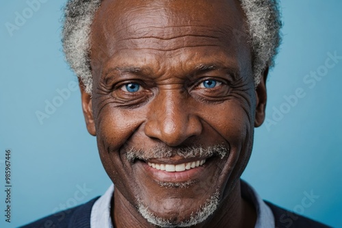 Full framed very close face portrait of a smiling senior african man with blue eyes looking at the camera, studio shot,blue background.