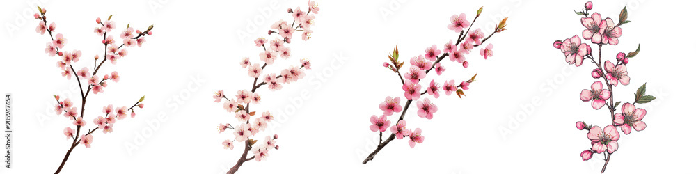 Delicate and fragrant pink cherry blossom branches in a serene springtime nature scene Soft romantic floral backdrop with subtle blooms and lush green foliage Delicate and fragrant pink cherry blossom branches in a serene springtime nature scene Soft romantic floral backdrop with subtle blooms and lush green foliage