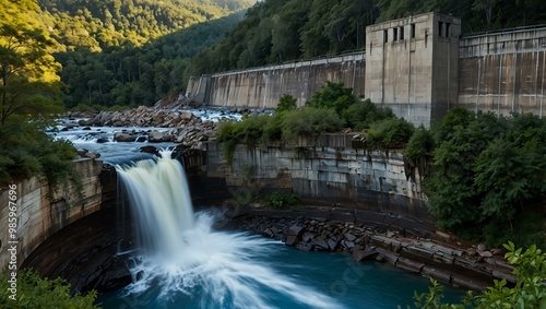 Grand view of the rubber dam and blue torrent falls.