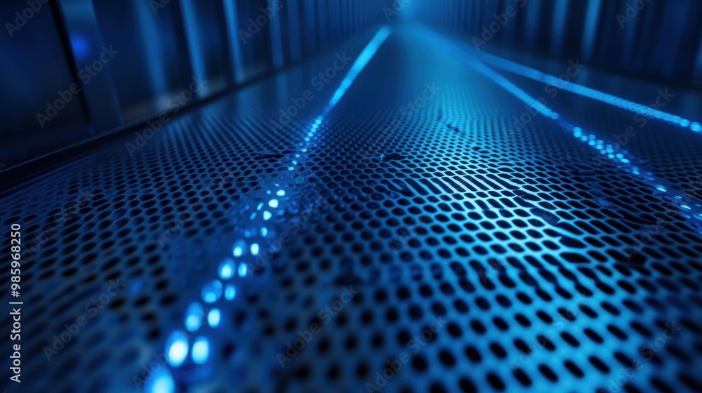 An abstract blue steel mesh background with glowing blue lines crossing through, highlighting a modern technological design. Deep blue perforated metal contrasts with the bright lines. An abstract blue steel mesh background with glowing blue lines crossing through, highlighting a modern technological design. Deep blue perforated metal contrasts with the bright lines.