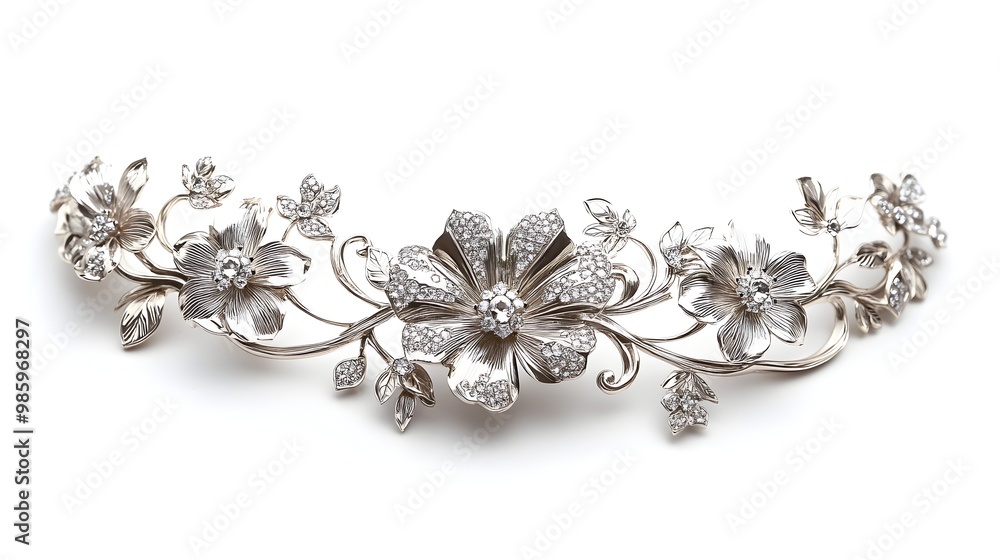 Breathtaking White Gold Floral Border Jewelry with Vibrant Floral Centerpiece Graceful Curving Stems Shimmering Crystal Accents Breathtaking White Gold Floral Border Jewelry with Vibrant Floral Centerpiece Graceful Curving Stems Shimmering Crystal Accents