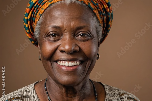 Full framed very close face portrait of a smiling senior african woman with brown eyes looking at the camera, studio shot,brown background.